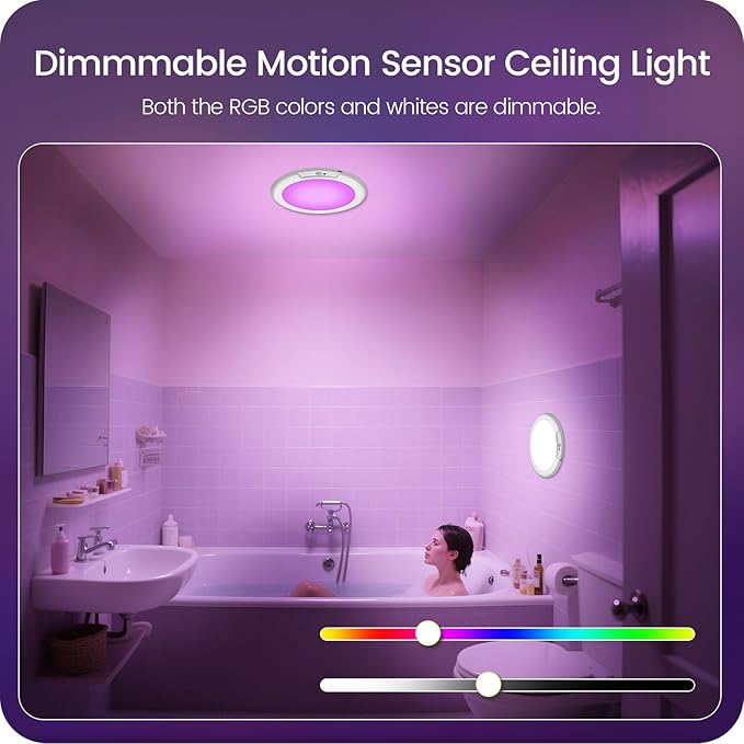 Motion Sensor Rechargeable Shower Light for Inside Shower with Remote, RGBW Battery Operated Ceiling Light, Wireless, Color-Changing Ambient Light, Warm-to-Cool Whites, Dimmable, Timer, Magnetic