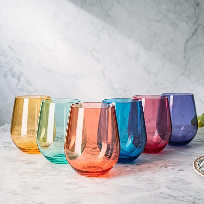 European Style Plastic Crystal Unbreakable Stemless Wine Glasses | Set of 6 | Acrylic Glasses Tritan Drinkware Bright Color Shatterproof BPA-free, Reusable, Outdoor, Pool, Indoor, Hand Wash 15oz Gift