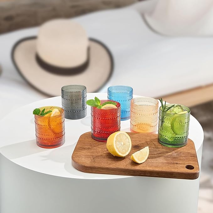 Khen Plastic Hobnail Drinking Glasses Set of 6 Neutral Tones Cups 10oz, Shatterproof & Unbreakable Acrylic Beaded Design, BPA-Free, Dishwasher Safe Indoor/Outdoor Drinkware for Water, Juice, Cocktails