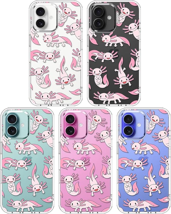 MOSNOVO Case for iPhone 16 Plus, [Buffertech 6.6ft Military-Grade Drop Protection] [Anti Peel Off Tech] Clear TPU Bumper Phone Case Cover Design - Pink Axolotl