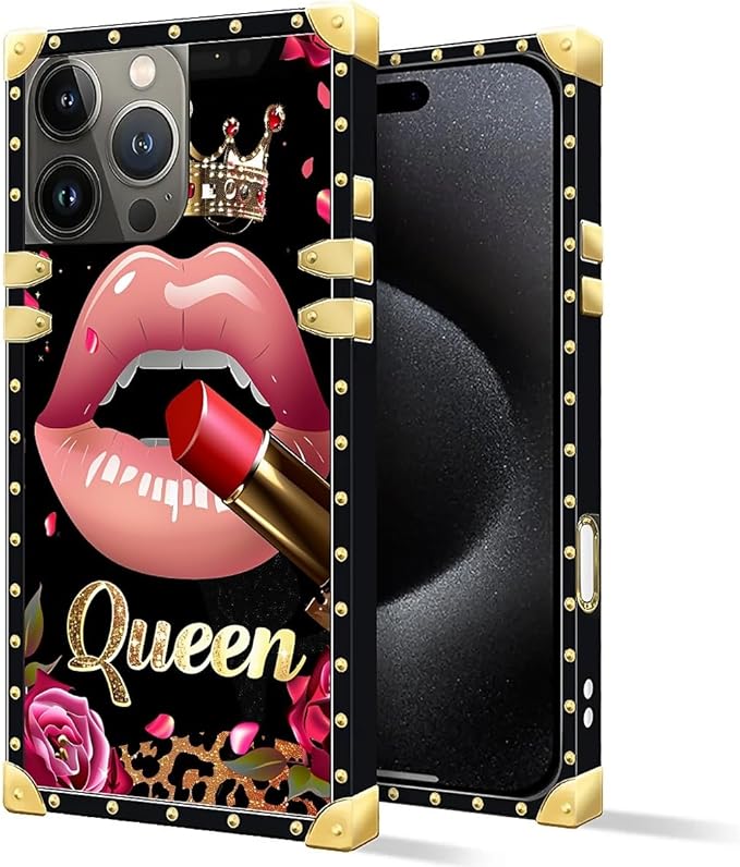 Compatible with iPhone 16 Pro Max Case, Glitter Red Rose Queen Leopard Lipstick Luxury Golden Decoration for Girl Women Soft TPU Shockproof Protective Hard PC Back