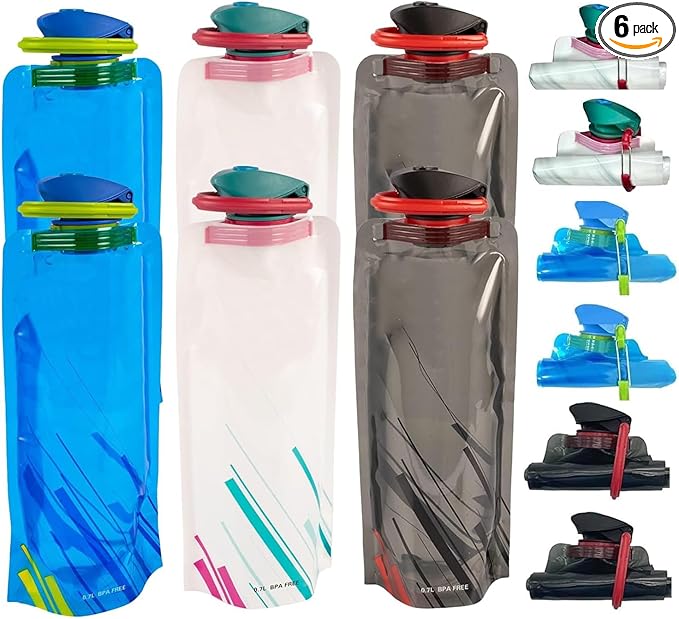 6 Pack Collapsible Water Bottles for Travel – 24oz Foldable Water Bottle with Leakproof Lid, Food-Grade Silicone Portable Reusable BPA-Free Water Bottle for Hiking,Sports,Camping,Biking (6)