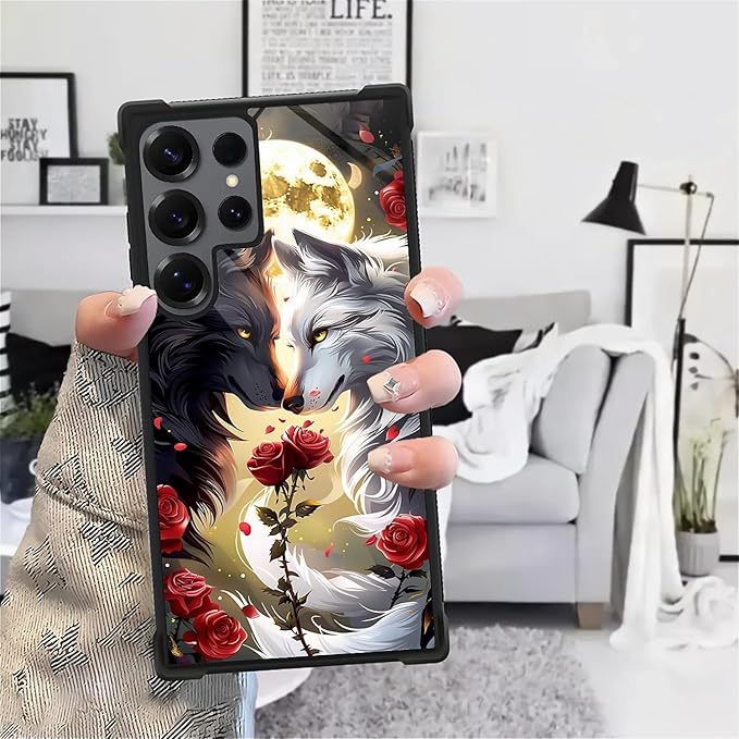 for Samsung Galaxy S25 Ultra Case,Graphic Design for Girl Boy Soft Silicone Hard Acrylic Shock Protection Designed for Samsung Galaxy S25 Ultra Black White Wolf Moon Flower Rose Pattern