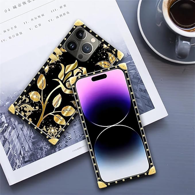 Compatible with iPhone 14 Pro Max Case, Shine Gold Rose Luxury Golden Decoration for Girl Women Soft TPU Shockproof Protective Hard PC Back for iPhone 14 Pro Max