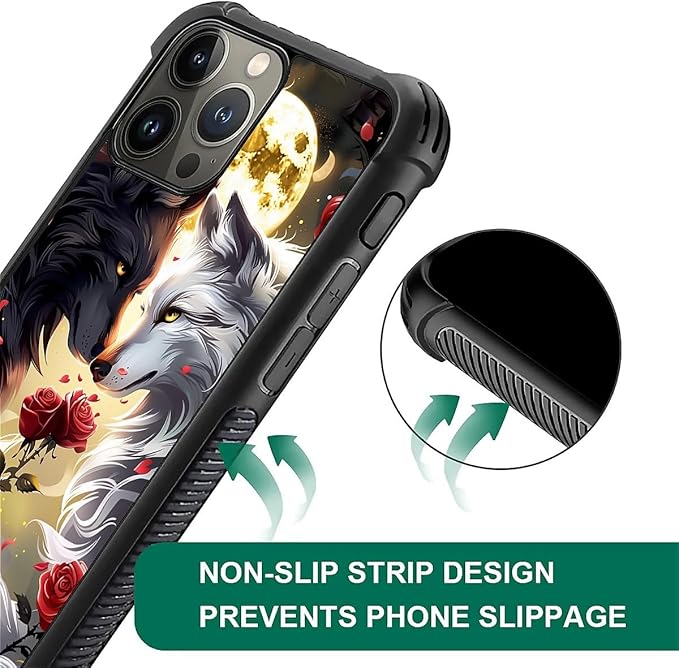 for iPhone 15 Pro Case, Black White Wolf Moon Flower Rose Pattern Graphic Design Girl Boy Soft Silicone Hard Acrylic Shock Protection for iPhone 15 Pro