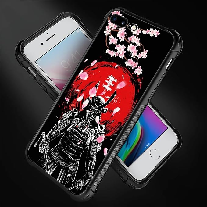 for iPhone 7 Plus/8 Plus Case, Sakura Japanese Samurai Pattern Graphic Design Girl Boy Soft Silicone Hard Acrylic Shock Protection for iPhone 7 Plus/8 Plus