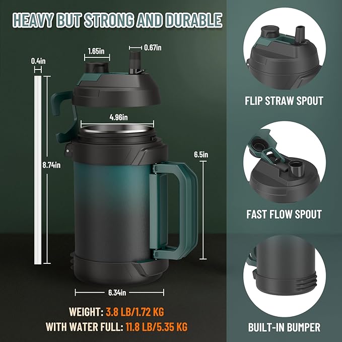 Zukro 1 Gallon Water Jug, One Gallon Large Triple Wall Insulated Metal Jug With Straw and Spout, No Sweat 128 oz Stainless Steel Sport Water Bottle Keeps Cold 48 Hours for Outdoors
