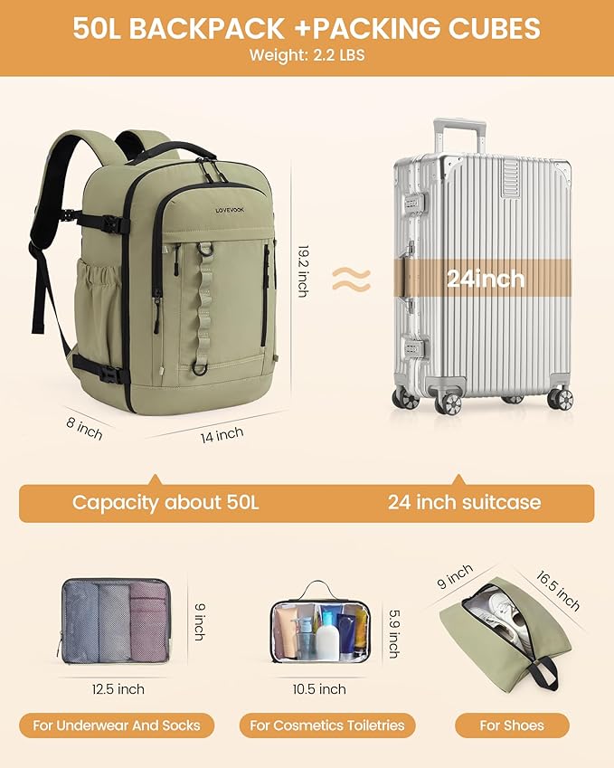 LOVEVOOK 50L Travel Backpack for Men Women, Waterproof Carry On Backpack for Work & Travel, Flight Approved Personal Item with 3 Packing Cubes,TSA Bag Fits 17.3" Laptop,Light pink