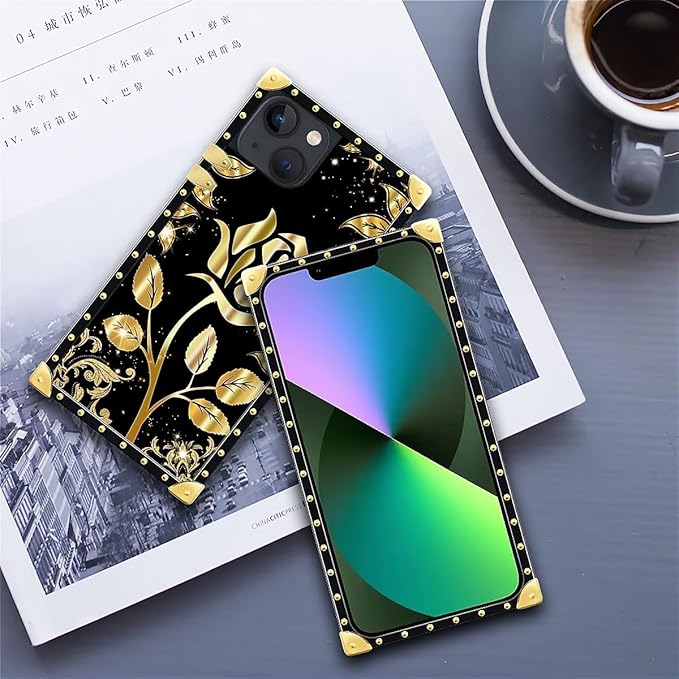 Compatible with iPhone 13 Case, Shine Gold Rose Luxury Golden Decoration for Girl Women Soft TPU Shockproof Protective Hard PC Back for iPhone 13