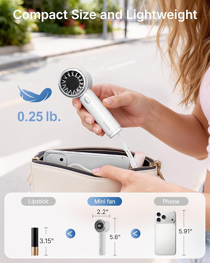SWEETFULL Mini Fan Portable - Cute Handheld Turbo Fan with Rechargeable Battery, 5 Speeds, Small Hand Personal Travel Essentials for Women, Girls, Kids, Lash, Makeup - White