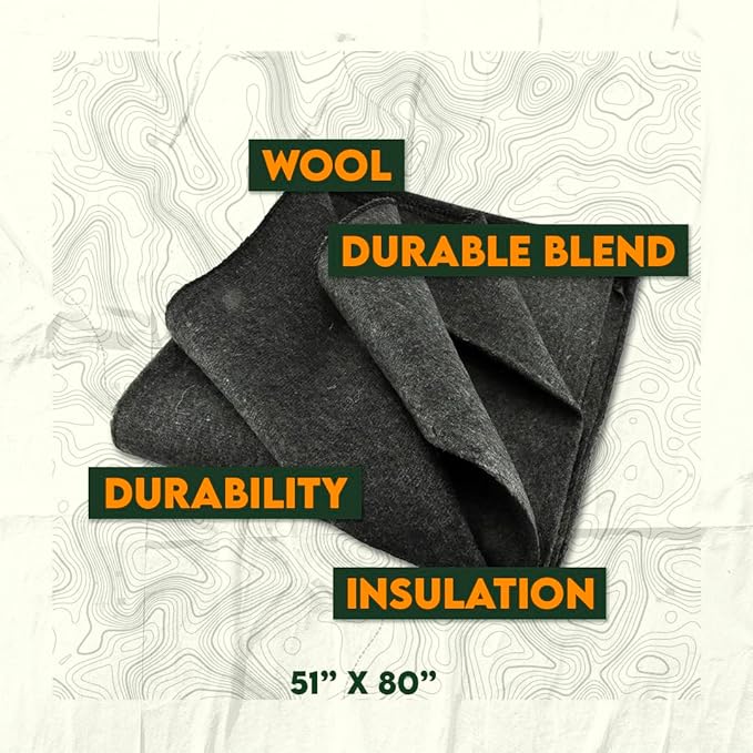 SE 51"x 80" Multipurpose Gray Wool Blanket - 50% Wool, Lightweight 2 lb, Zippered Bag Included - Ideal for Camping, Hiking, Emergency Survival