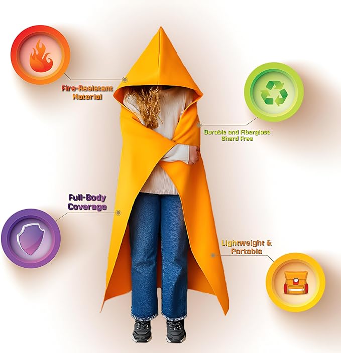 Fire Blanket -Certified 1200F Extra Thick, Glow In The Dark Fireproof Emergency Supplies. 500gsm, 0.5mm Thick Fire Blankets Emergency For Home. Emergency Blanket with Cape and Hood 47"x39" By Supa Ant