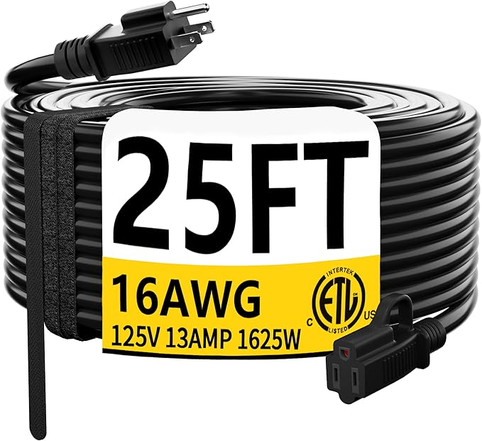 HUANCHAIN Black Outdoor Extension Cord 25 FT Waterproof, Flexible 16/3 Gauge Power Cord Extension 3 Prong 13A 1625W SJTW ETL Listed