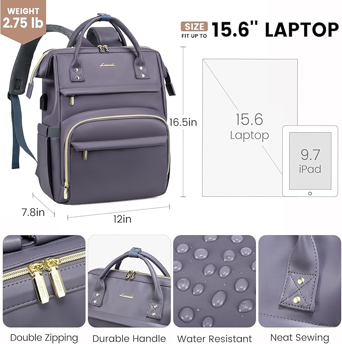 LOVEVOOK Leather Laptop Backpack for Women 15.6 inch,Travel Backpack Purse Nurse Teacher Backpack Computer Laptop Bag,Professional College Business Work Bag Carry On Backpack with USB Port,Grey Purple