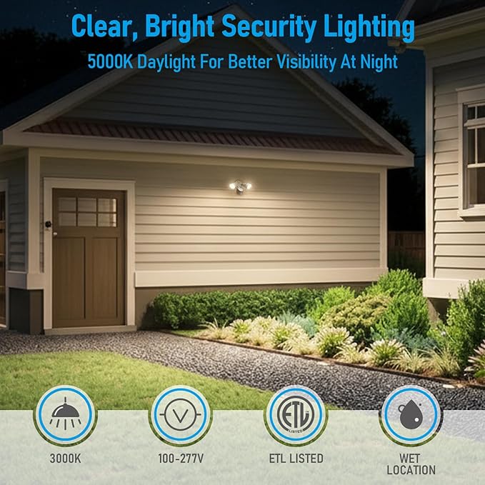 LEONLITE COB LED Security Light, Motion Sensor Outdoor Lights, Dusk to Dawn, 100-277V, ETL Listed, Adjustable Heads, Motion Detector Flood Light, Aluminum, IP65 Waterproof, 3000K Warm White, White