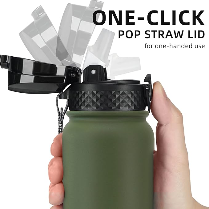 Fanhaw 20 oz Insulated Stainless Steel Water Bottle with Straw Lid, Leakproof & Anti-Dust Sports Bottle for Kids, Women & Men (Olive Green)