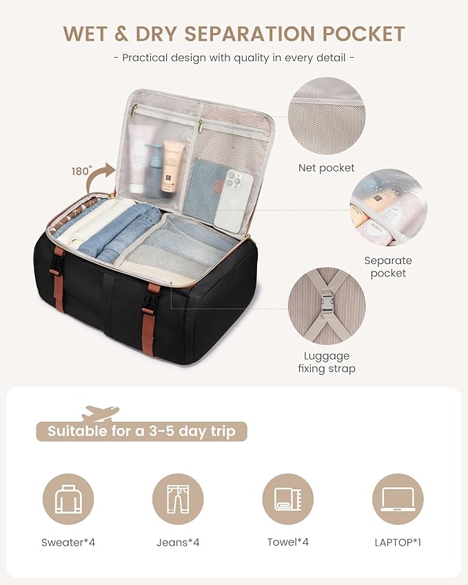 LOVEVOOK 40L Travel Backpack Carry on Flight Approved, Personal Item Bag with 3 Packing Cubes, Travel Backpack for Women Fits 17" Laptop, Water-resistant Carry On Bag for Airplanes