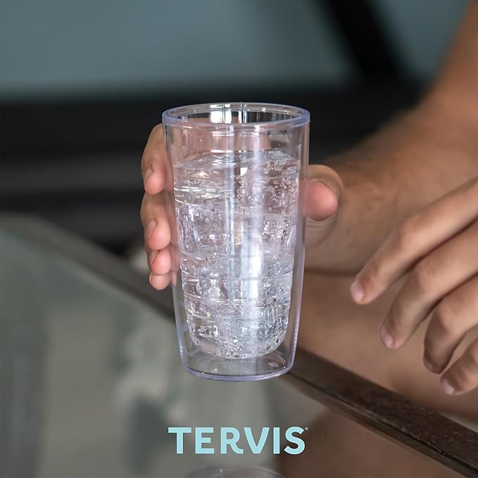 Tervis Clear & Colorful Lidded Made in USA Double Walled Insulated Tumbler Travel Cup Keeps Drinks Cold & Hot, 16oz, Orange Lid