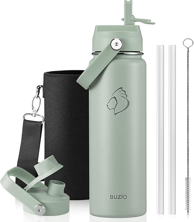 BUZIO 24 oz Water Bottle Insulated, Leakproof Stainless Steel Flask (Cold for 48 Hrs), Wide Mouth BPA-Free Metal Thermo Hydro Canteen with 2 Lids, Sage Green