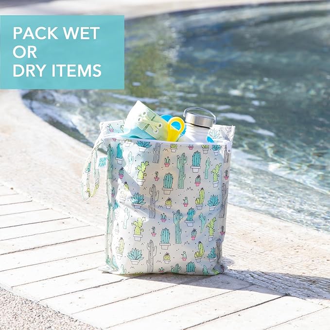 Bumkins Waterproof Wet Bag for Baby, Travel, Swim Suit, Cloth Diapers, Pump Parts, Pool, Beach, Gym Clothes, Toiletry, Hook to Stroller, Daycare, Zipper Reusable Wetdry Packing Pouch, Cactus Green