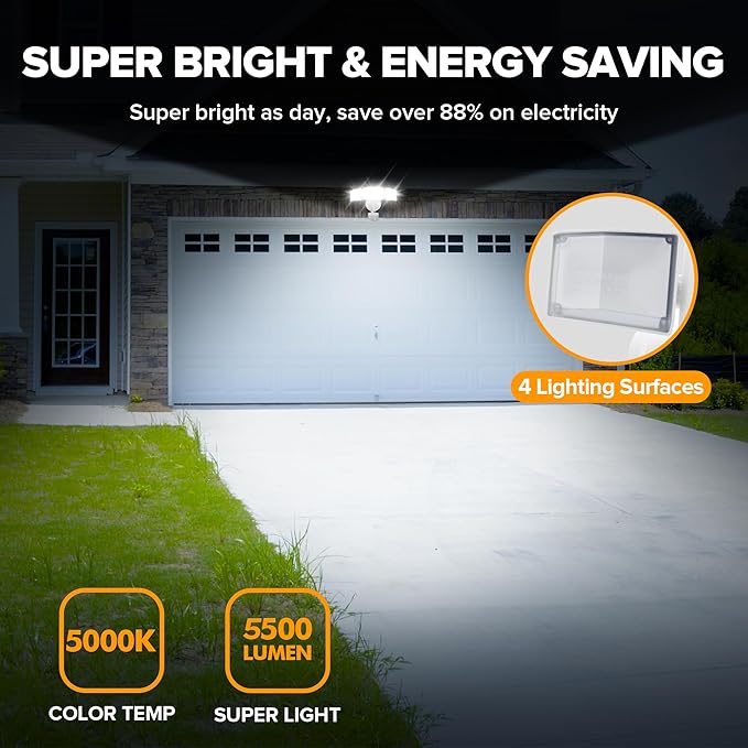 UME 2 Pack 5500LM LED Security Lights Motion Sensor Light Outdoor, 49W, 5000K Daylight, IP65 Waterproof, Dusk to Dawn, 3 Head Motion Detected Flood Light for Garage, Yard, Porch (White)