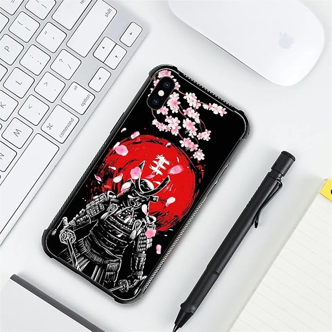 for iPhone X/Xs Case, Sakura Japanese Samurai Pattern Graphic Design Girl Boy Soft Silicone Hard Acrylic Shock Protection for iPhone X/Xs