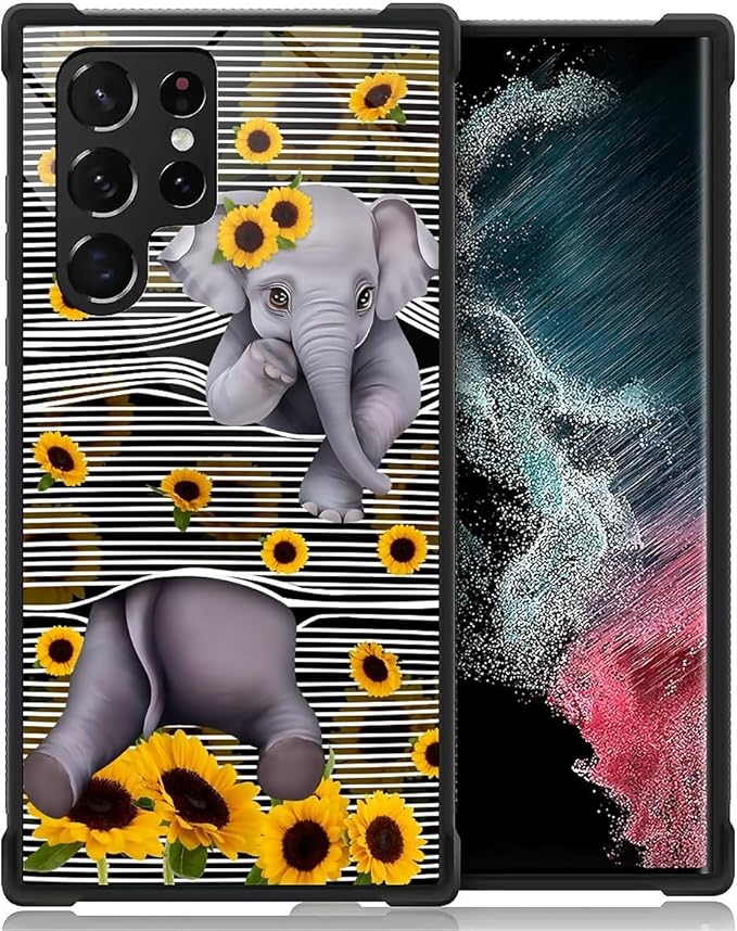 for Samsung Galaxy S23 Ultra Case, Cute Little Elephant Sunflower White Line Art Pattern Graphic Design Soft Silicone Hard Acrylic Shock Protection for Samsung Galaxy S23 Ultra