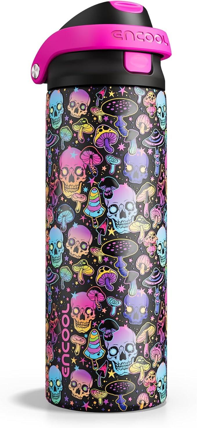 Encool SwiftSip Insulated Stainless Steel Water Bottle with Straw - Leak Proof Sports Water Bottle for School, Travel, Keeps Cold All Day, One-Touch Flip Lid, BPA-Free, 24 oz, Trippy Skulls