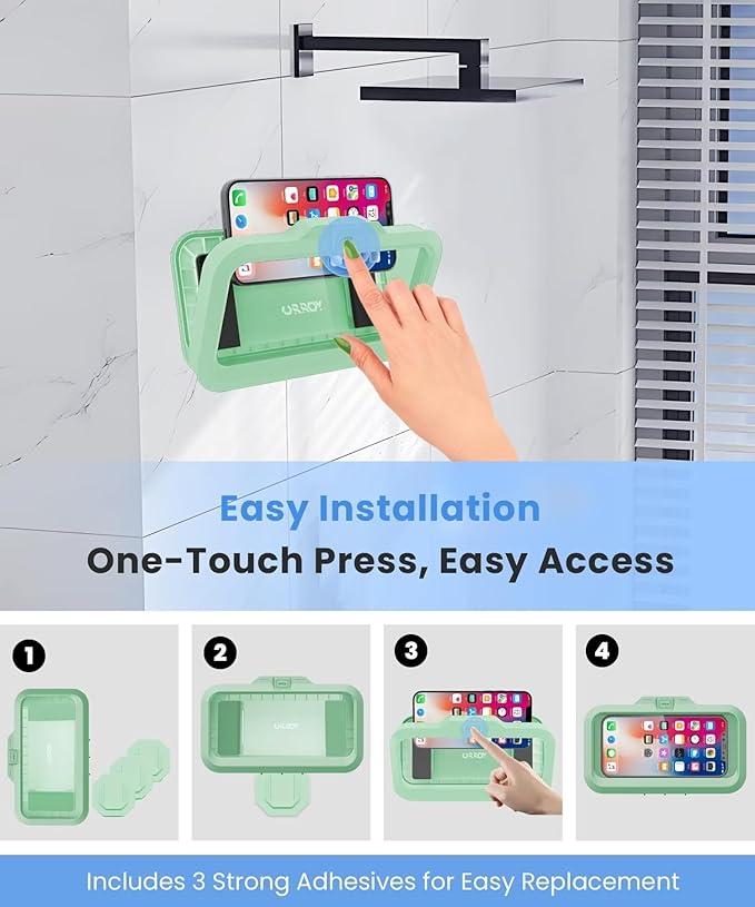 URROY Shower Phone Holder Waterproof One-Touch Open Shower Phone Case Anti-Fog & Sensitive Touchscreen Bathroom Wall Phone Mount Stand Universal Fit for iPhone & Smartphones Gift for Men Women Green