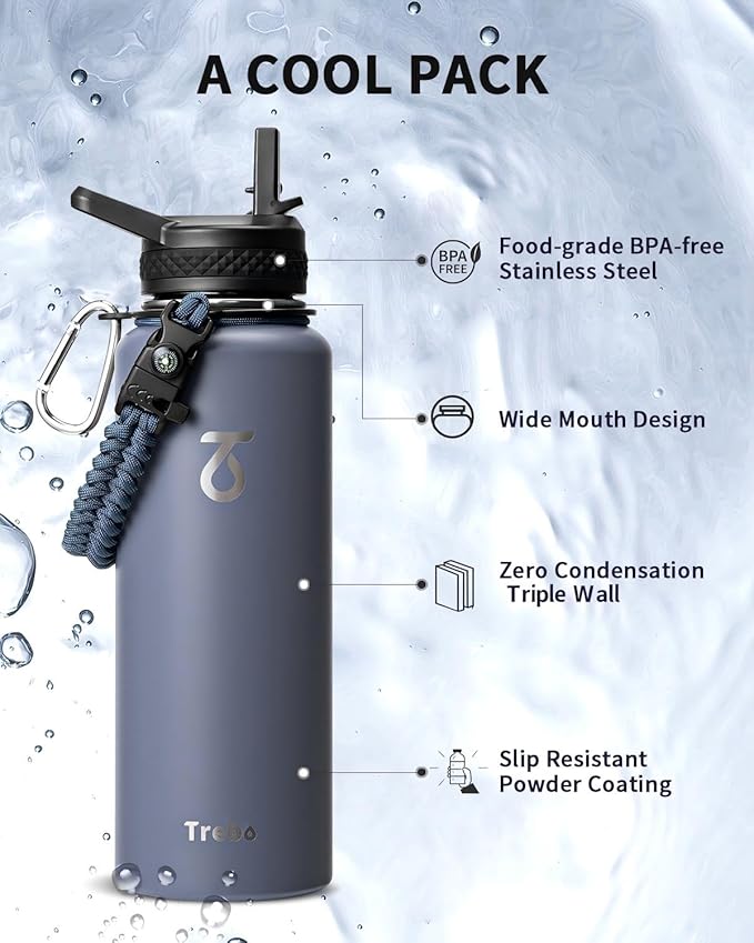 Trebo Water Bottle 40oz with Paracord Handle, Half Gallon Large Vacuum Triple Wall Stainless Steel Insulated Water Jug with Holder Strap Straw Spout Lids, Leakproof Keep Cold & Hot, Grayish purple