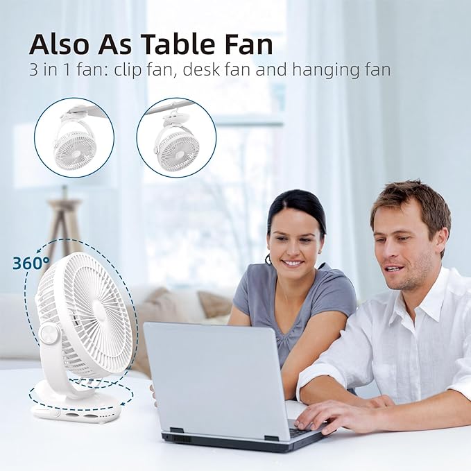 10000mAh 30hrs Rechargeable Clip on Fan, 8 Inch Battery Operated Fan Portable, 4 Speeds, Sturdy Clamp, Quiet USB Fans for Golf Cart Desk Treadmill Camping Truck Outdoor Travel Office, White