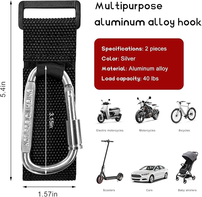 2 PCS UTV Hook for Hanging Headsets, Aluminum Alloy Stroller Carabiner Clips with Adjustable Strap, Multipurpose Roll Cage Hooks for Motorcycle Dirt Bike Scooter Owners (Silver)