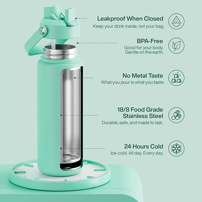 ENCOOL Insulated Water Bottle with Straw Stainless Steel Water Bottle, Leak-Proof, BPA-Free, Double Wall Vacuum Keeps Cold for 24 Hours for Sports, Travel, School (32 oz, Brook Green)