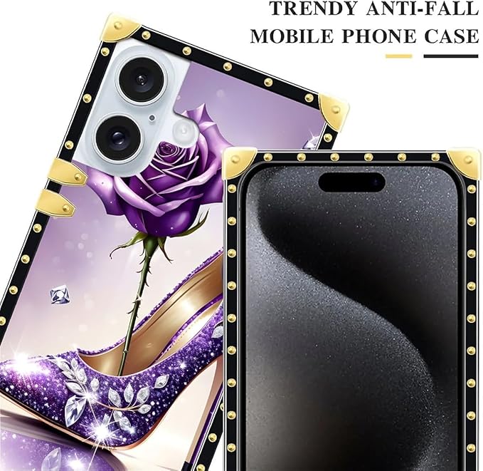 Compatible with iPhone 16 Case, High Heeled Purple Diamond Rose Luxury Golden Decoration for Girl Women Soft TPU Shockproof Protective Hard PC Back for iPhone 16