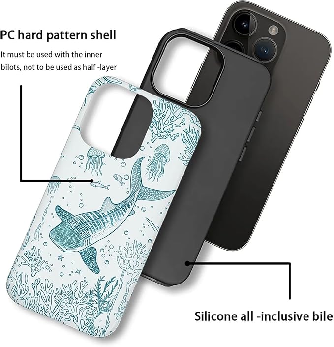for iPhone 16 Pro Max Case,HH2 Ocean Whale Shark Hybrid 2 Layer Hard Shell Silicone Protective Pattern Design Case