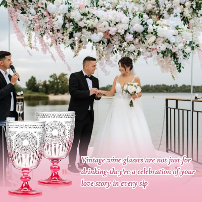 XUWAIDSGN 24Pcs Plastic Vintage Wine Glasses 13.5oz Reusable Embossed Goblet Glasses Pink Gradient Retro Wine Glassware Unbreakable Stemmed Champagne Water Cups for Wine Cocktail Juice Wedding