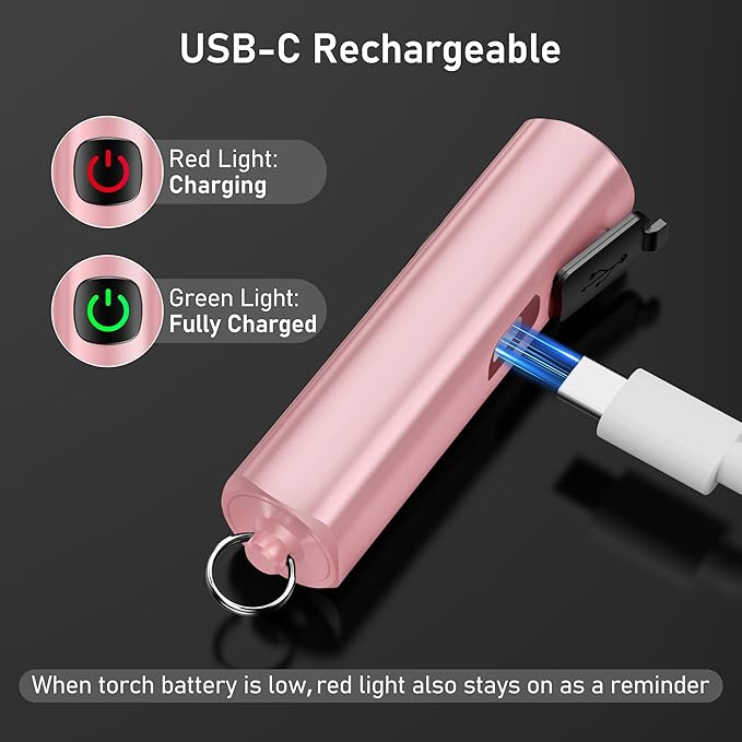 Blukar Rechargeable EDC Flashlight, Mini Keychain Flash Light with 3 Lighting Modes, Memory Function, Waterproof, Compact and Portable Pocket Light for Everyday Carry, Emergency,Camping-Pink