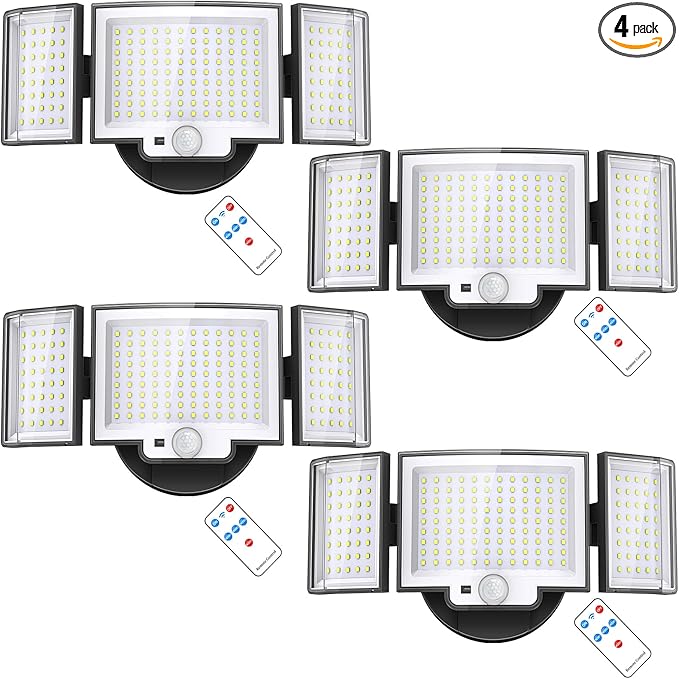 CLAONER LED Security Lights Motion Sensor Outdoor, 20W 3000LM Floodlight 6500K 3 Modes, IP65 Waterproof 3 Head Detected Flood Light for Garage, Yard, Door, Porch, Patio (4 Pack)
