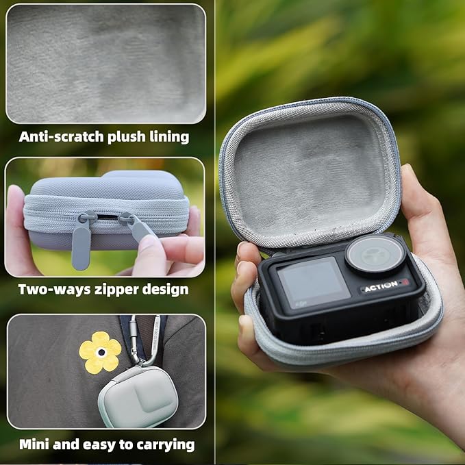 Carrying Case for DJI Osmo Action 5 Pro/4/3, Small Storage Bag for GoPro, PU Hard Travel Protector Case for Insta360 Ace/Ace Pro/2 with Wrist Strap & Carabiner Protective Accessories(Grey)