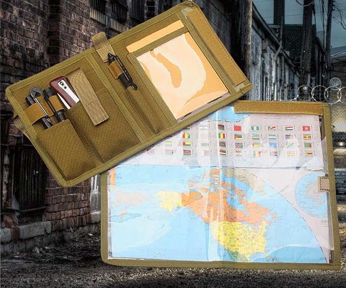 Tactical Map Case Multifunctional Map Pouch with Pen EDC Tool Holder Map Protector Foldable Map Storage Bag with Clear Window for Reading Map while Outdoors or Hiking (Khaki)
