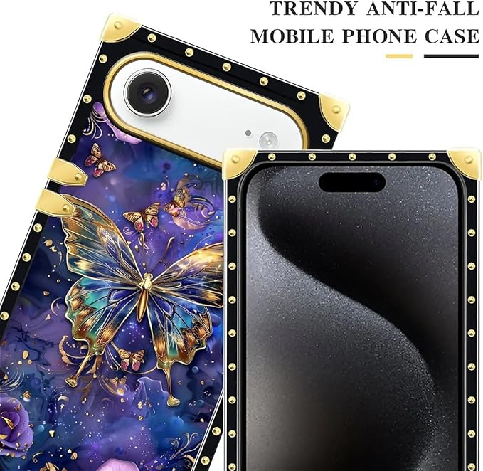 for iPhone 17 Air Case Luxury Golden Decoration for Girl Women Soft TPU Shockproof Protective Hard PC Back for iPhone 17 Air Crazy Pattern Glistening Golden Butterfly Vibrant Purple Blue