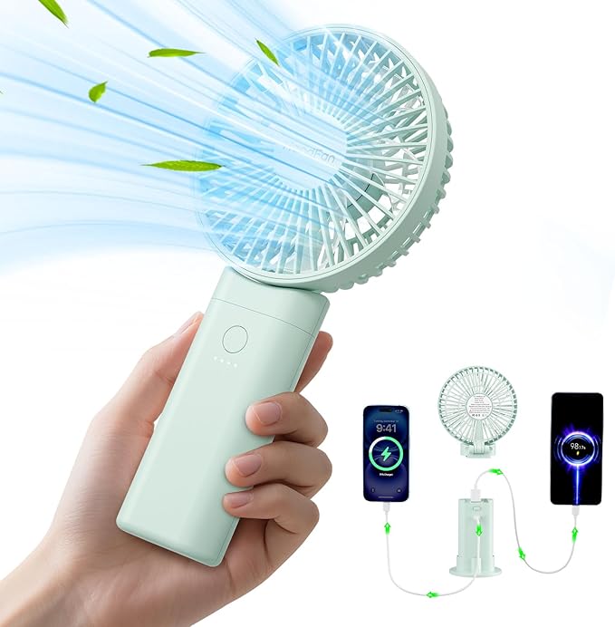 HandFan Upgraded 10,000 mAh Quiet Handheld Fan - 4.5 Inch Large Hand Held Fans Reahargeable, 180° Foldable Portable Fan [30 Working Hours] with Lanyard, Base for Disney/Travel/Concerts/Beach/Office