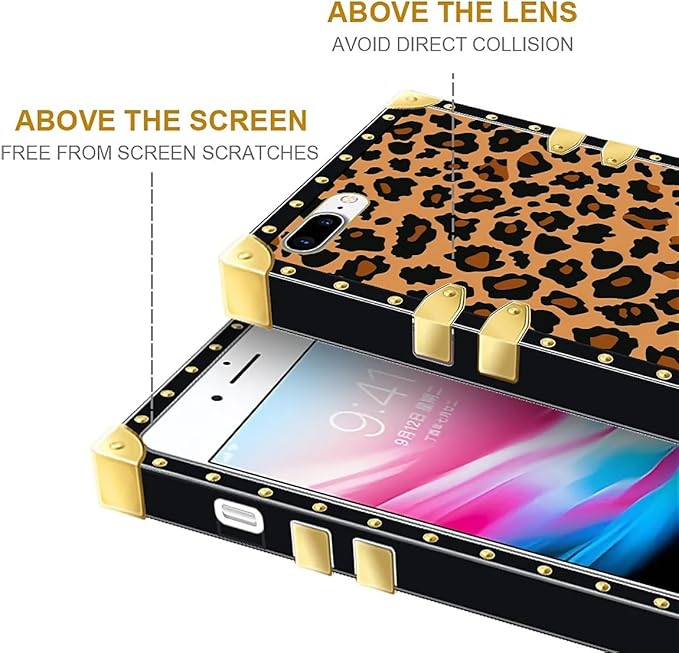 Compatible with iPhone 8 7 SE Case, Brown Leopard Texture Luxury Golden Decoration for Girl Women Soft TPU Shockproof Protective Hard PC Back for iPhone 8 7 SE