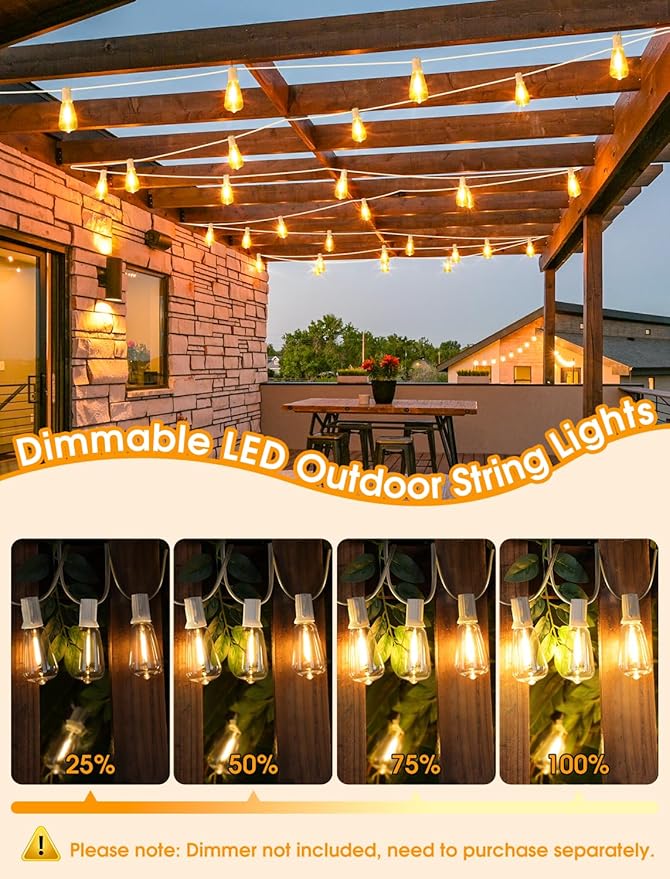 Larkvue 75FT(3x25FT) Outdoor String Lights, Patio Lights with 30+3 LED Dimmable Waterproof Connectable ST38 Bulbs for Gazebo Backyard Christmas, White