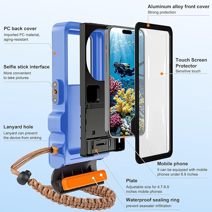 33ft Snorkeling Phone Case, Gen 4 IP68 Waterproof Housing for iPhone 16/15/14/13/12/11 Pro Max Samsung Galaxy S24/S23/S22, Touchscreen Full Protection