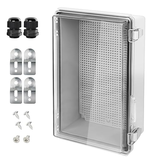 LeMotech Electrical Box, IP67 Waterproof Hinged Clear Cover Stainless Steel Latch Junction Box, ABS Plastic Electrical Enclosure with Mounting Plate,Wall Brackets, Cable Glands,10.2"x6.3"x3.9", Grey