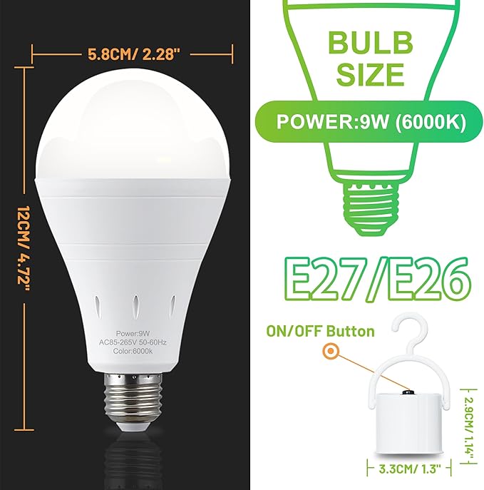 DEBAOBULB6 Pack Rechargeable Emergency Light Bulbs, Battery Powered LED Light Bulb 6000K Daylight E26 120 Volt 9W 60W Equivalent with 1200mAh for Home Power Outage Camping Hurricane