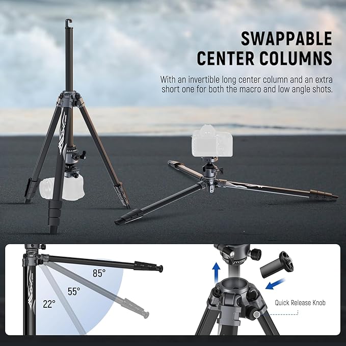 NEEWER LITETRIP LT07 61" Aluminum Travel Camera Tripod, Portable Stand with Ball Head Dual Axis Cell Phone Holder Arca QR Plate Compatible with iPhone for Video Recording, Max Load 22lb