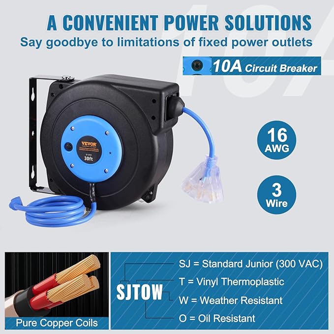 VEVOR Retractable Extension Cord Reel, 30 FT, Heavy Duty 16AWG/3C SJTOW Retractable Power Cord Reel with Lighted Triple Tap Outlet 10 Amp Circuit Breaker, for Ceiling or Wall Mount, Blue