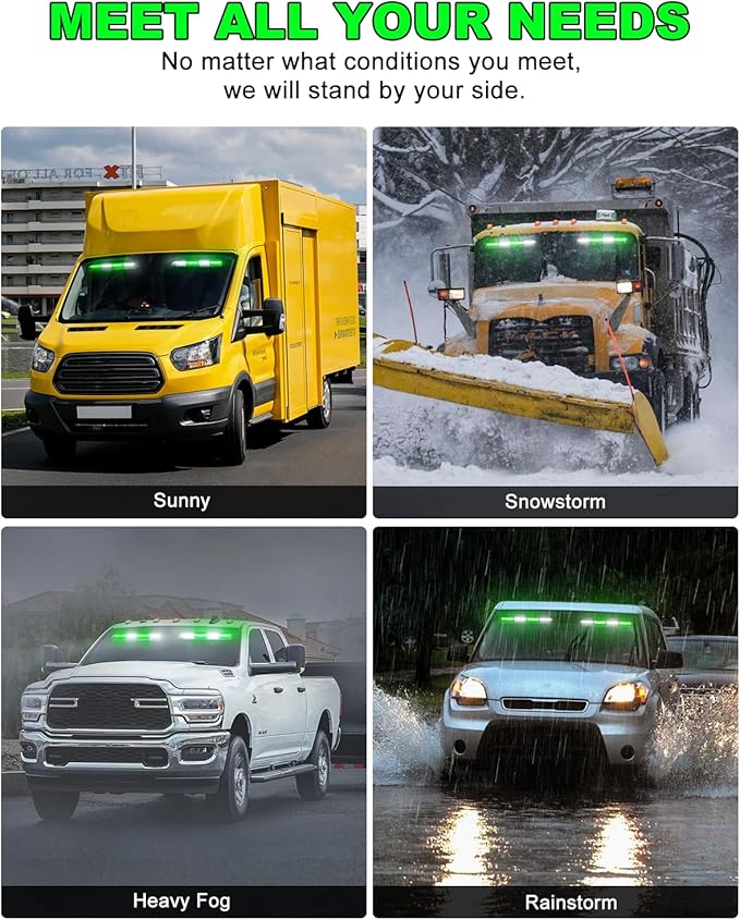 HLauto 6Z4J Emergency Dash Strobe Lights: 2x16.8 inch Green White Safety Lights, 48 LED Flashing Warning Hazard Interior Windshield Visor Traffic Light Bar for Trucks, Construction Vehicles